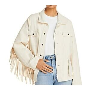 Aqua Jacket Women's XS Off White Fringe Western Shacket Utility Snap Cotton New